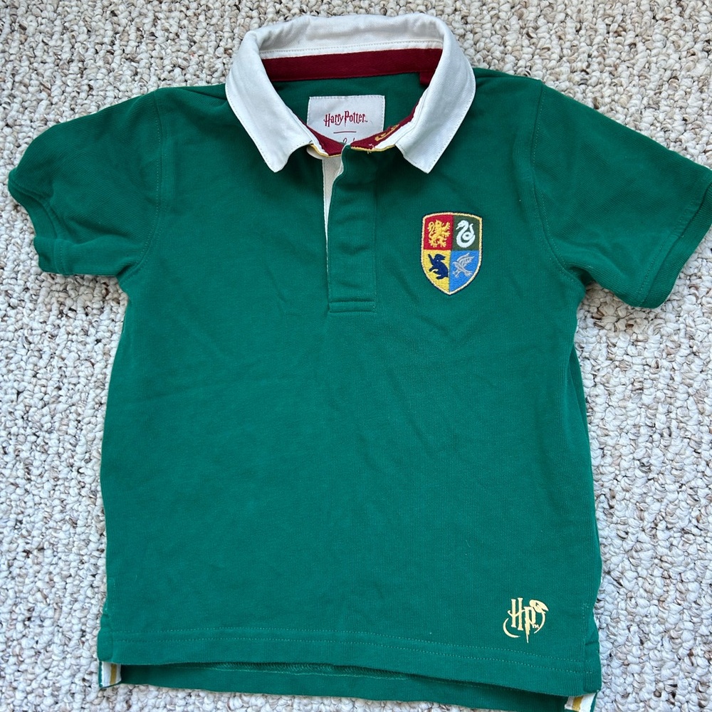 Mini Boden Harry Potter Polo Rugby Top 3-4 Years Green Hogwarts Crest Cotton EUC